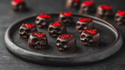 Homemade scary chocolate bites with skull designs and red fillings, dark ambiance, Halloween, Sketch, Creepy and sweet