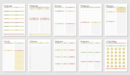 Planners set. Daily, weekly, monthly, yearly, habit tracker, to do list, goal, monthly budjet, weekly budjet and challenge. Blank white notebook page A4.