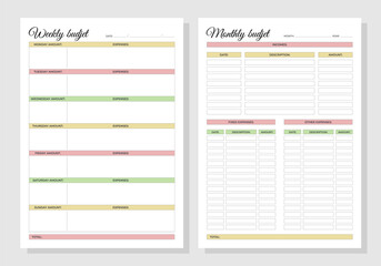 Planners set. Weekly and monthly budjet. Blank white notebook page A4.