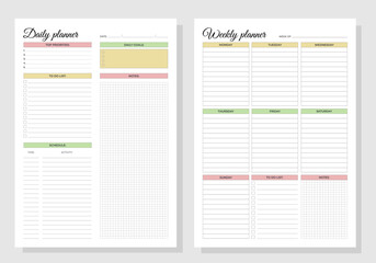 Planners set. Daily and weekly planners. Blank white notebook page A4.