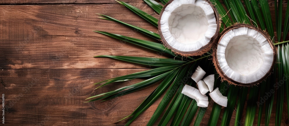 Poster Coconut meat and a coconut leaf are displayed together on a wooden table with copy space image