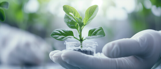 Close-up of a scientist's hand holding a young plant in a research laboratory, symbolizing biotechnology and genetic engineering advancements.