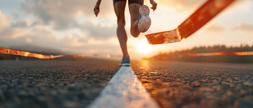 Close-up of a runner's legs crossing the finish line during a race at sunset, showcasing determination and achievement.