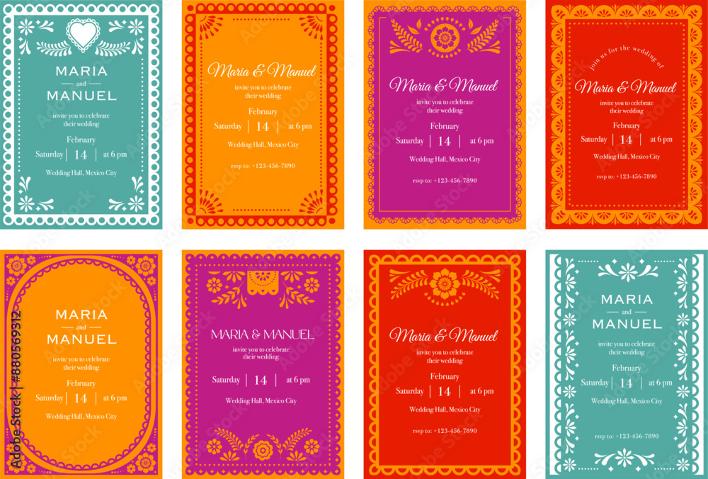 Wall mural mexican wedding invitations collection, mexican frames design. vector illustrations and concept desi