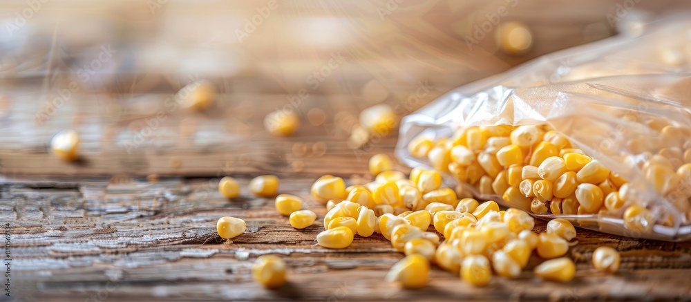 Poster close up of transparent plastic bag with yellow corn kernels on wooden table with copy space image