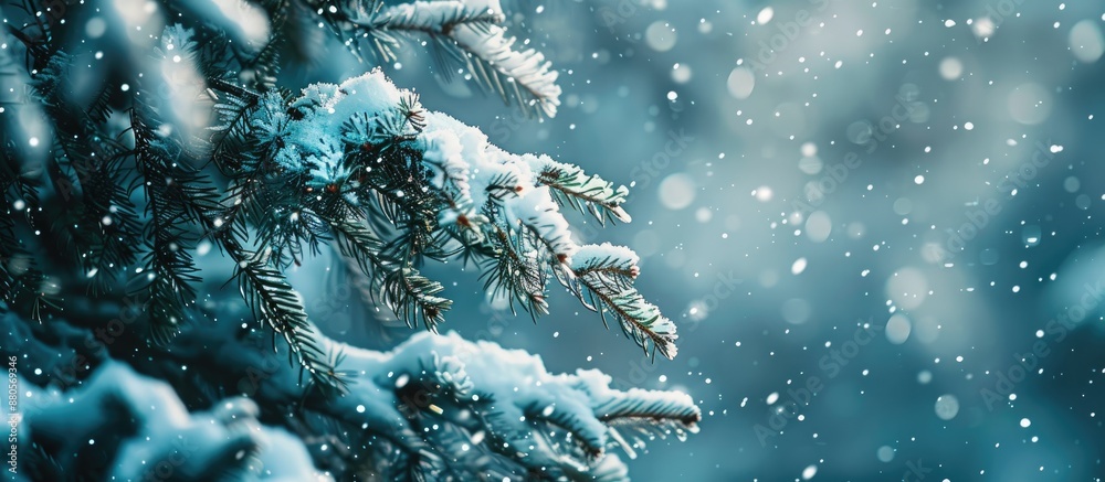 Poster Snow covered fir branches in a serene winter setting with gently falling snowflakes create a calming winter backdrop with ample copy space image