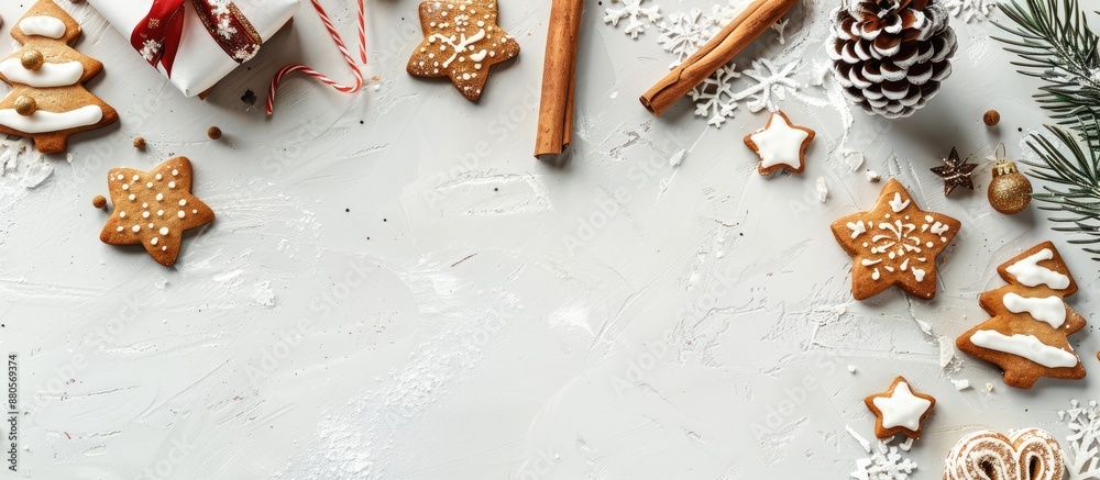 Poster Christmas cookies and decorations displayed on a light grey table in a flat lay format with available copy space image