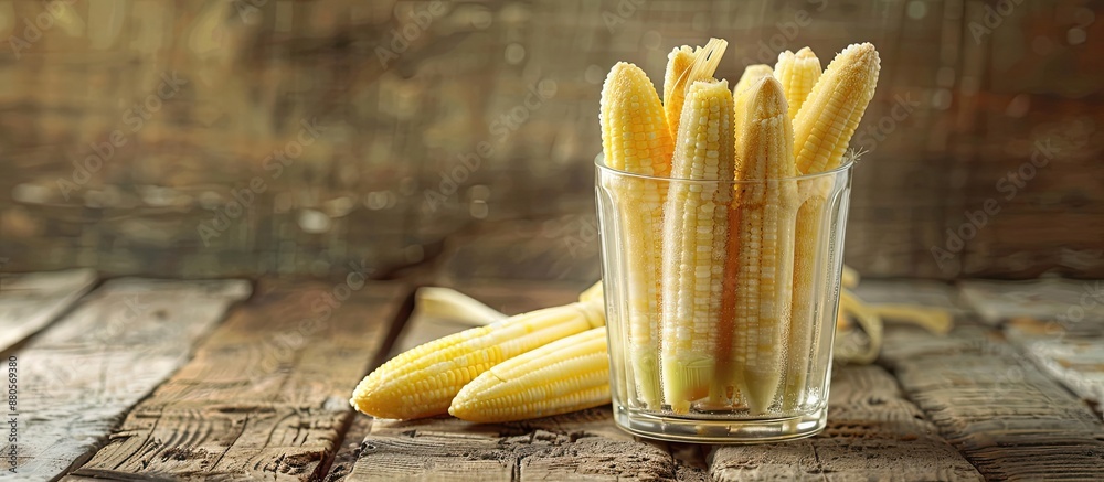 Poster fresh and delicious baby corn in a glass on a wooden table with ample copy space image