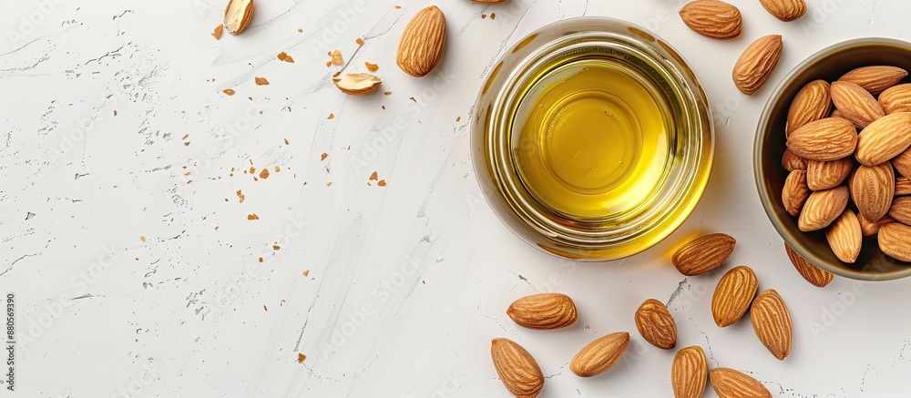 Poster a jar of almond oil placed near a bowl of almonds on a white background viewed from the top creating