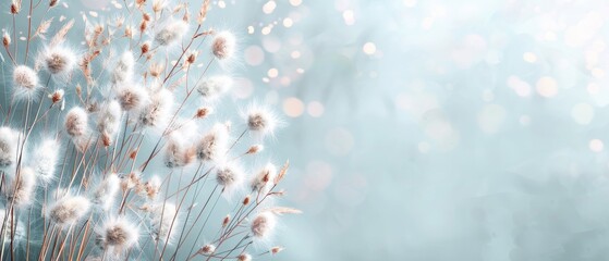 Soft focus image of plants with light, fluffy seeds on stems against a blurred, pastel blue background with glowing bokeh lights.