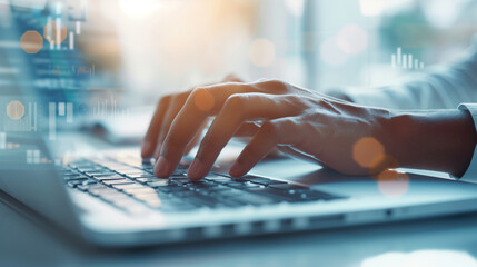 Close-up of hands typing on a laptop keyboard with digital data overlay, representing modern business, technology, and data analysis.