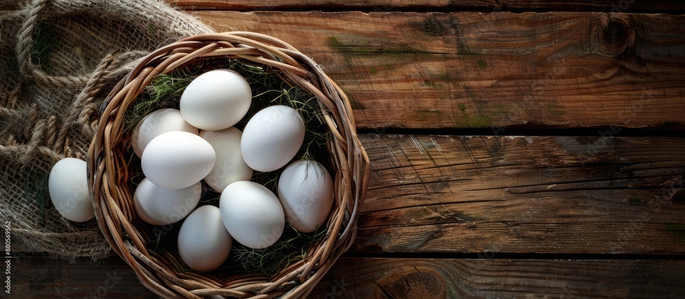 Poster Eggs in a basket with a background perfect for adding your own content creating a copy space image