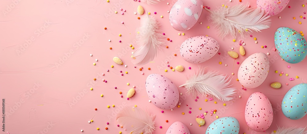 Aufkleber A minimal Easter greeting card design featuring pastel pink background with colored eggs feathers and copy space image viewed from above in a flat lay style
