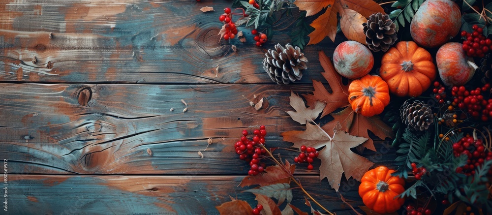 Poster an autumnal arrangement on a wooden table with copy space image