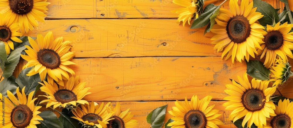 Poster a frame constructed with lovely sunflowers against a bright wooden backdrop provides a charming disp