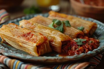 Fototapeta premium A serving of tamales wrapped in corn husks, with one opened to reveal the masa and savory meat filling, accompanied by a spicy red sauce.