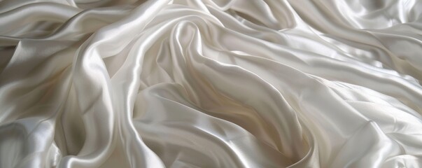 Fototapeta premium Elegant white satin fabric is flowing in soft folds creating a luxurious and smooth texture, perfect for a sophisticated background
