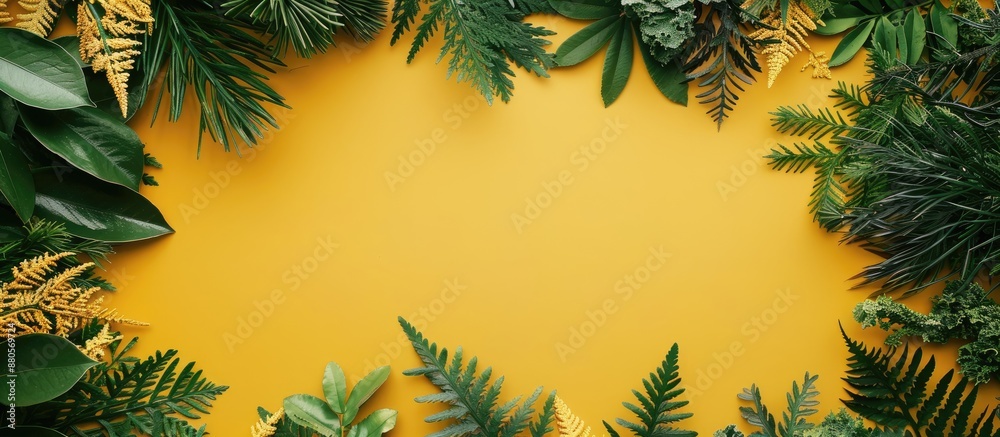 Poster natural forest decor frame on a yellow backdrop with copy space image