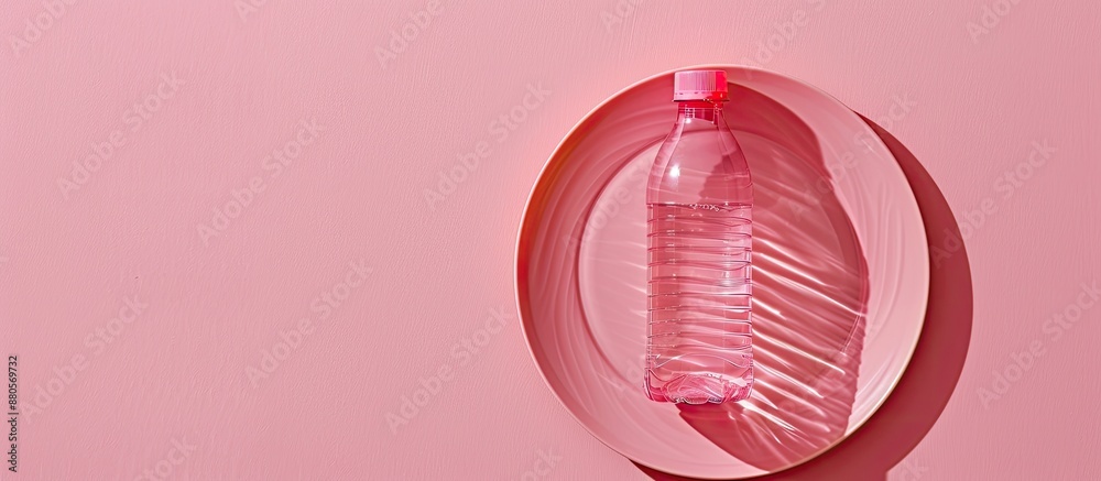 Poster unhealthy consumption concept illustrated with a plastic bottle placed on a plate against a pink bac