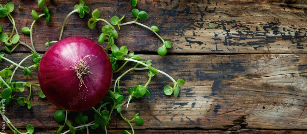 Poster top view of a red onion surrounded by fresh green sprouts on a wooden background creating a copy spa