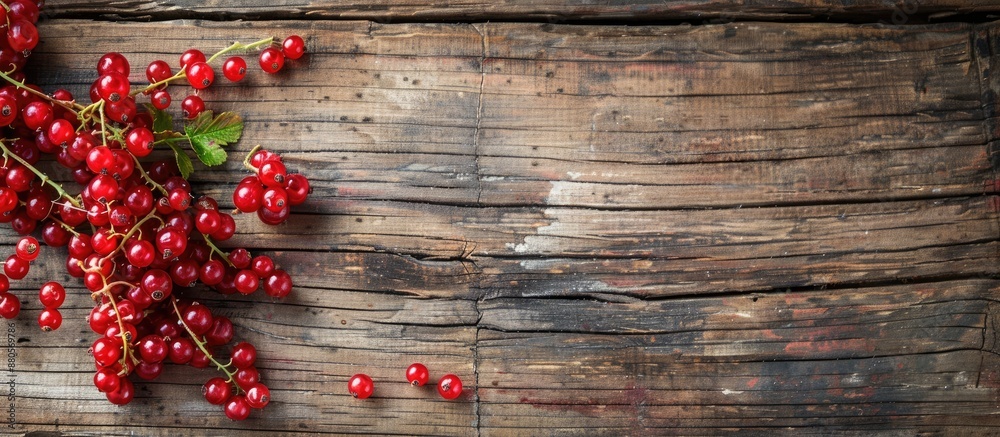 Poster ripe red currants displayed on a wooden surface with copy space image