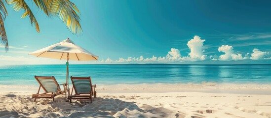 Vacation concept with a serene tropical seascape beach chairs and umbrellas Includes a copy space image for holidays and summer travel