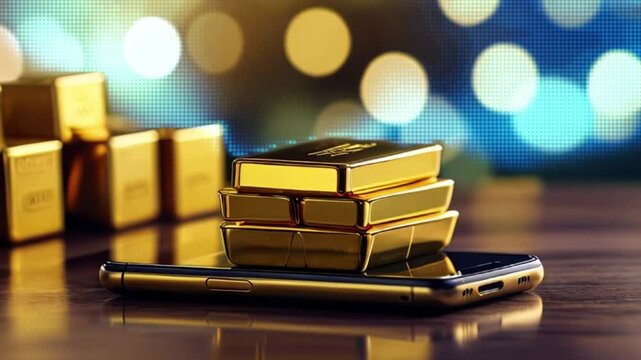 Gold Bars on Smartphone: The image features a pyramid of small gold bars atop a smartphone. Blurred bokeh background enhances the contrast between tangible wealth and modern technology.