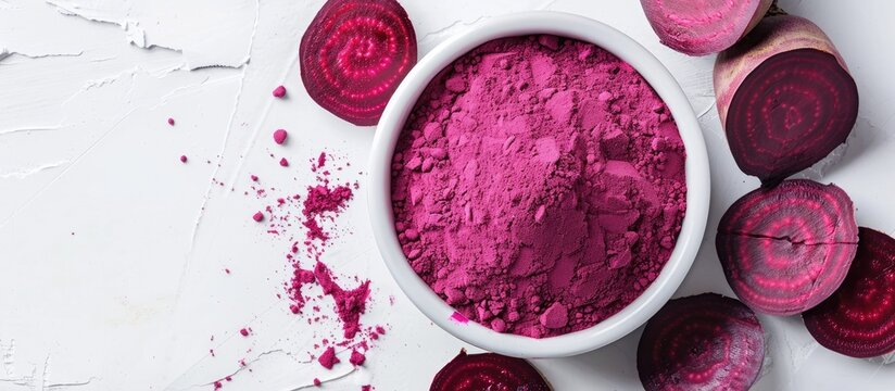 Concept of healthy eating showcased with a white bowl containing superfood beetroot powder on a white background perfect for a copy space image