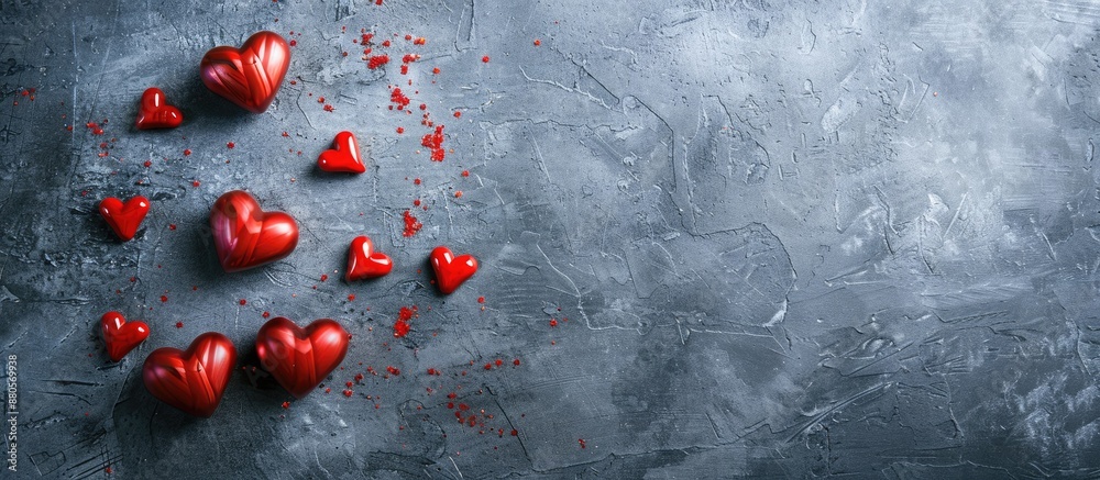 Poster valentine s day themed flat lay with small red hearts on a gray background featuring copy space imag