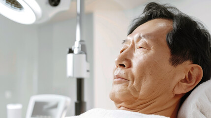 A Korean man in his 50s having a skin treatment, relaxing in a clinic