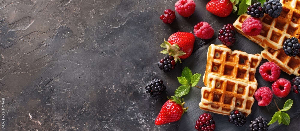 Poster Stone table with waffles and berries seen from above ideal for placing your text within the scene. copy space available