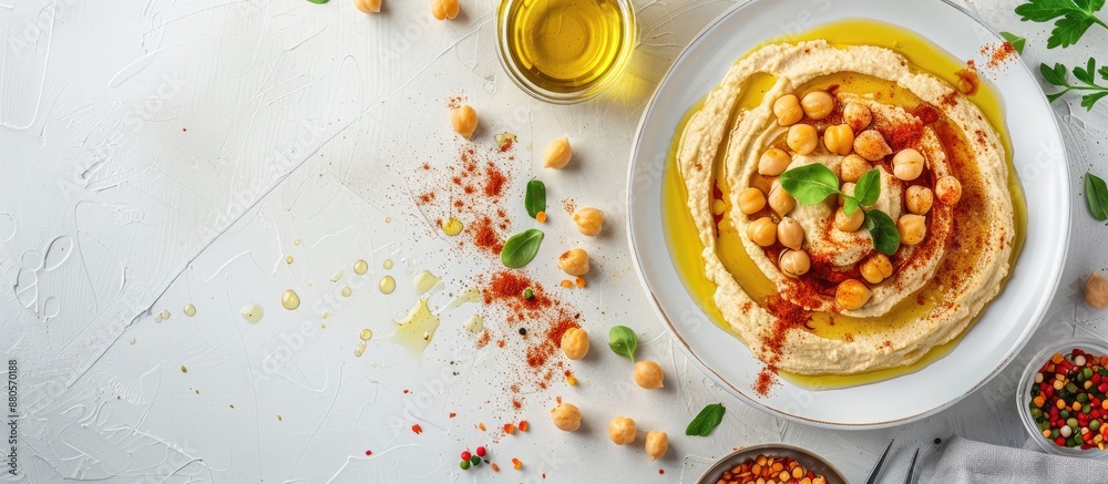 Poster text space available for caption on a flat lay with a tasty hummus dish featuring chickpeas and papr