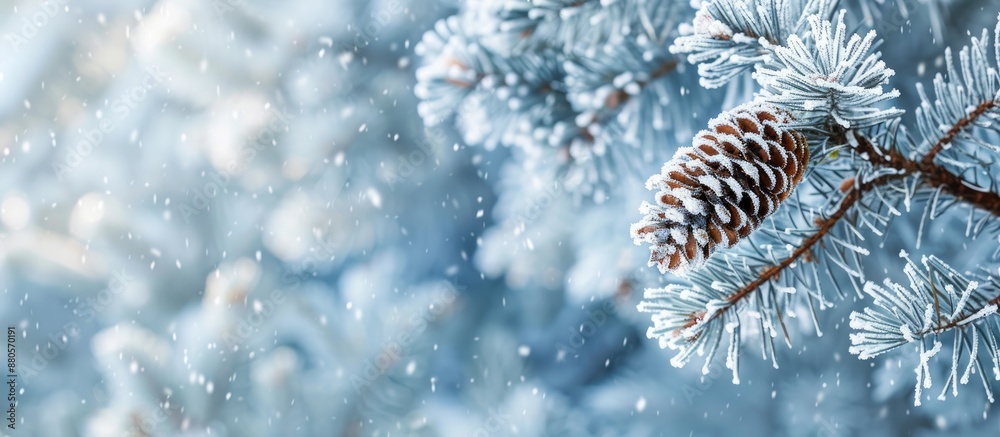 Aufkleber Frost covered pine branch featuring long needles and a cone set against a snowy backdrop creating a serene copy space image