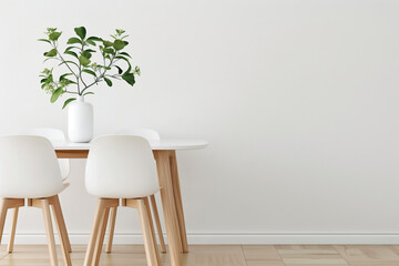 Minimalistic dining area with a white table, two chairs, and a vase with green leaves on clean, modern background.
