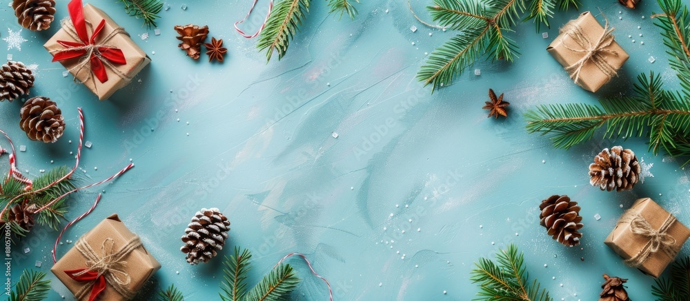 Fototapete Top down view of a light blue table adorned with Christmas presents pine cones and fir branches creating a festive backdrop with unoccupied image space. copy space available
