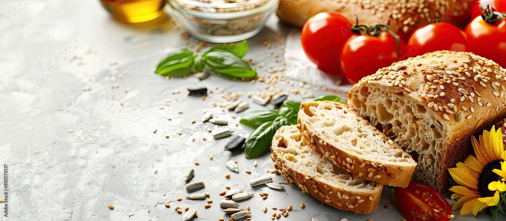 Poster Whole grain bread complemented by sunflower seeds and fresh vegetables on a white rustic table creating an inviting and appetizing copy space image