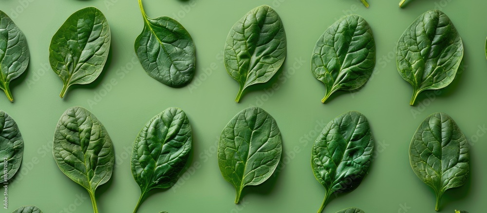 Poster flat lay image with a creative pop art design featuring spinach leaves arranged in tree shapes on a 