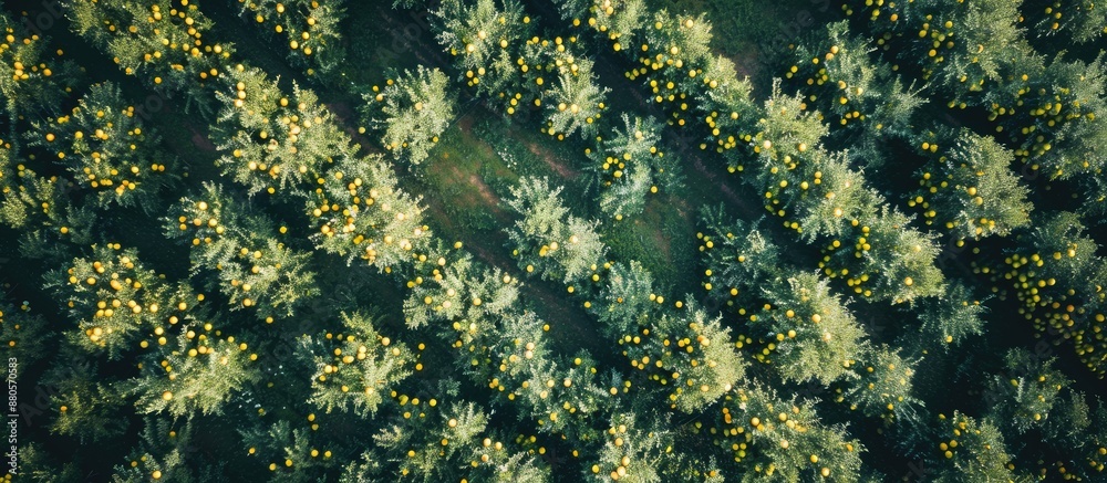 Poster a wide expanse of apple orchards in an aerial shot captured in a high quality copy space image