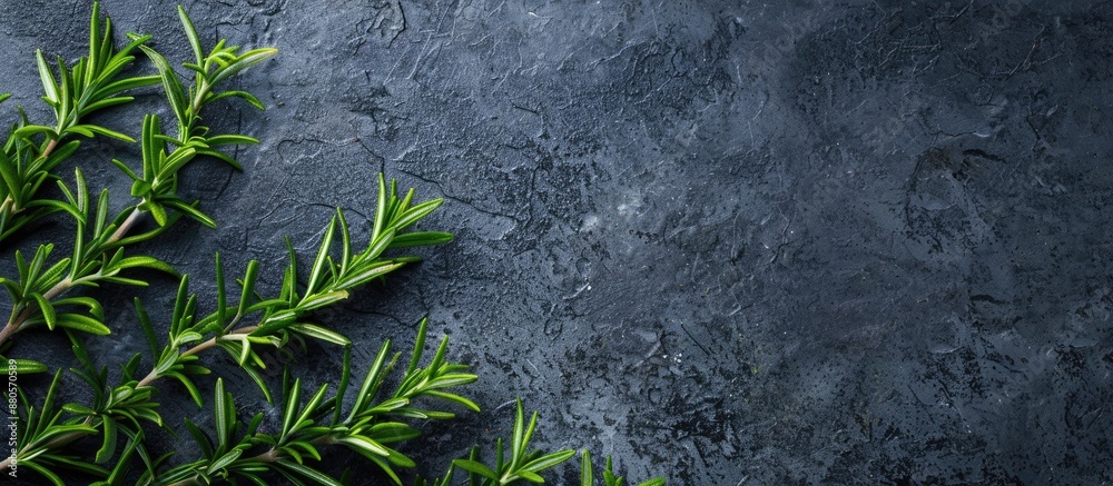 Aufkleber a mock up of fresh green rosemary herb on a dark stone surface background with space for additional 
