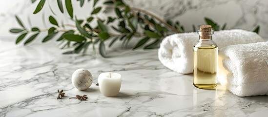 On a marble table there s a picture featuring spa essentials such as a white towel candle aroma oil and herbal compressing balls with copy space image