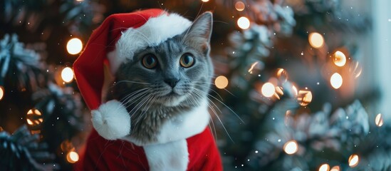 High quality picture of a gray cat wearing red Santa attire against a backdrop of twinkling lights on a Christmas tree embodying holiday vibes with pets creating a captivating copy space image