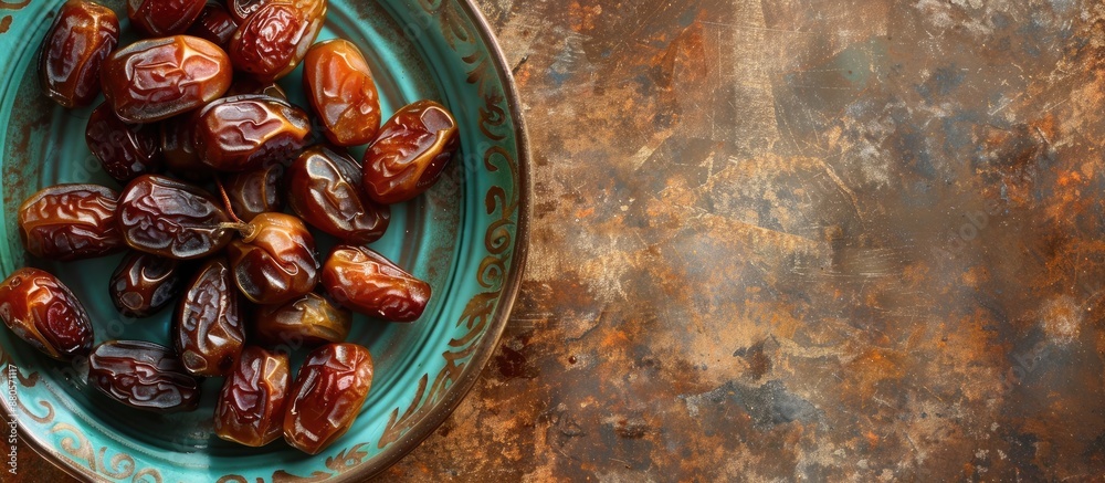 Aufkleber rustic style dried dates arranged on a vintage green plate against a textured brown backdrop with am