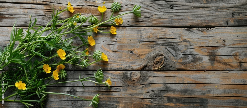 Poster A rustic textured table showcasing a bunch of green wild plants and yellow buttercups creating a midsummer flower table decor in a flowers flat lay composition with a wooden background and copy space