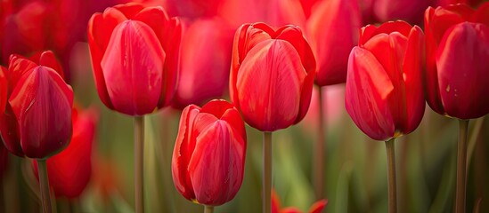 Fototapeta premium Macro shot of vibrant red tulips ideal for a holiday card or background with ample copy space image for text overlay
