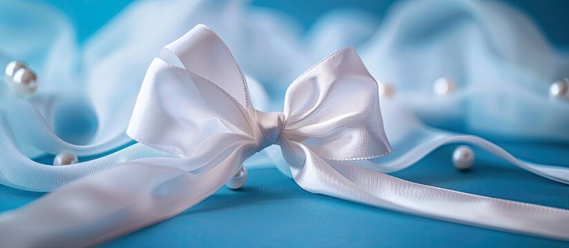 Lung Cancer Awareness symbol alongside Mesothelioma and Retinoblastoma signs shown A white pearl ribbon bow curls on a blue backdrop with a copy space image symbolizing purity and support against viol
