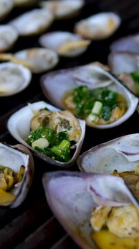 food shellfish. Mussels in a bowl with herbs, rotating on a turntable. Shellfish, seafood close-up