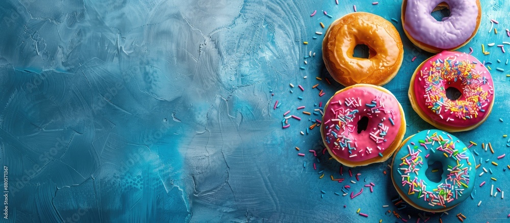 Poster colorful glazed doughnuts on a blue concrete surface top view with ample copy space image