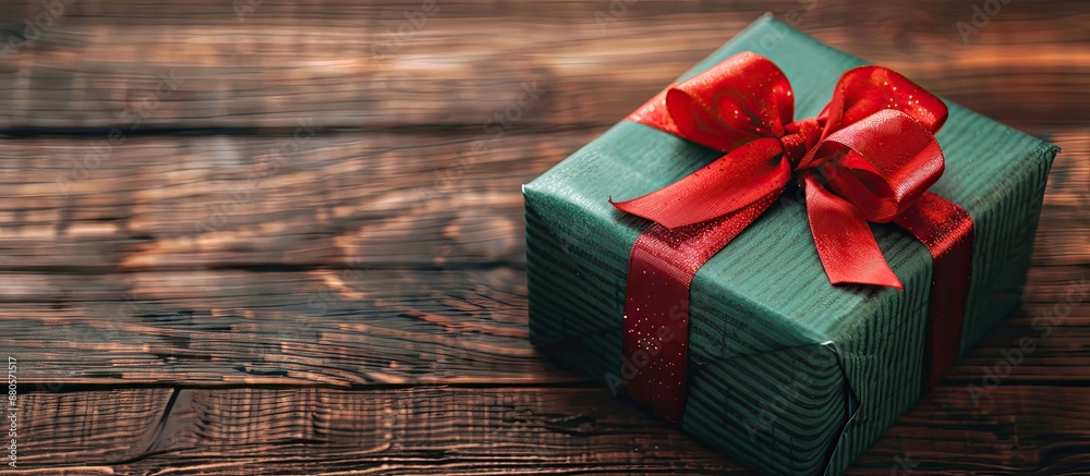Poster A green gift box with a red ribbon sits on a wooden table offering space for your own text alongside the image. copy space available