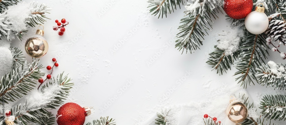 Poster top view copy space image of a snow covered white background adorned with christmas tree decorations