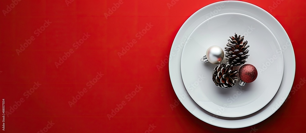 Poster creative flat lay with festive silver baubles and pine cone on a white plate set against a red backg